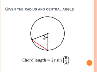 GIVEN THE RADIUS AND CENTRAL ANGLE
Chord length = 2r sin
θ
2
 