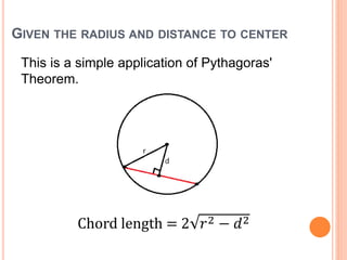 GIVEN THE RADIUS AND DISTANCE TO CENTER
This is a simple application of Pythagoras'
Theorem.
Chord length = 2 𝑟2 − 𝑑2
 
