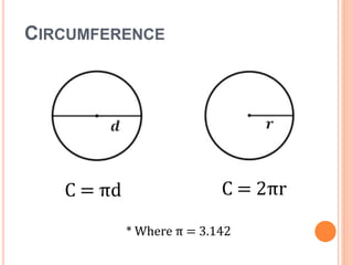 CIRCUMFERENCE
C = 2πrC = πd
* Where π = 3.142
 