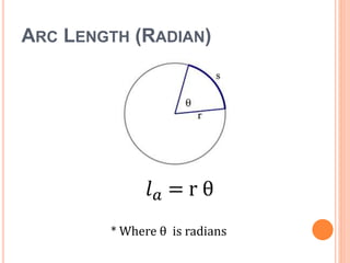 ARC LENGTH (RADIAN)
𝑙 𝑎 = r θ
* Where θ is radians
 