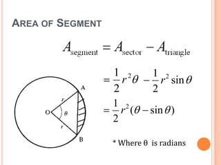 AREA OF SEGMENT
2
2
1
r sin
2
1 2
r
)sin(
2
1 2
  r
* Where θ is radians
 