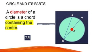 CIRCLE AND ITS PARTS
A diameter of a
circle is a chord
containing the
center.
 