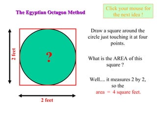 Click your mouse for the next idea ! ? The Egyptian Octagon Method Draw a square around the circle just touching it at four points. What is the AREA of this square ? 2 feet Well.... it measures 2 by 2,  so the  area  =  4 square feet. 2 feet 