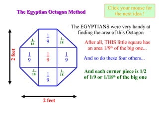 Click your mouse for the next idea ! The Egyptian Octagon Method 2 feet The EGYPTIANS were very handy at finding the area of this Octagon 2 feet 1 9 After all, THIS little square has an area 1/9 th  of the big one... 1 9 1 9 1 9 1 9 And so do these four others... And each corner piece is 1/2 of 1/9 or 1/18 th  of the big one 1.  18 1.  18 1.  18 1.  18 