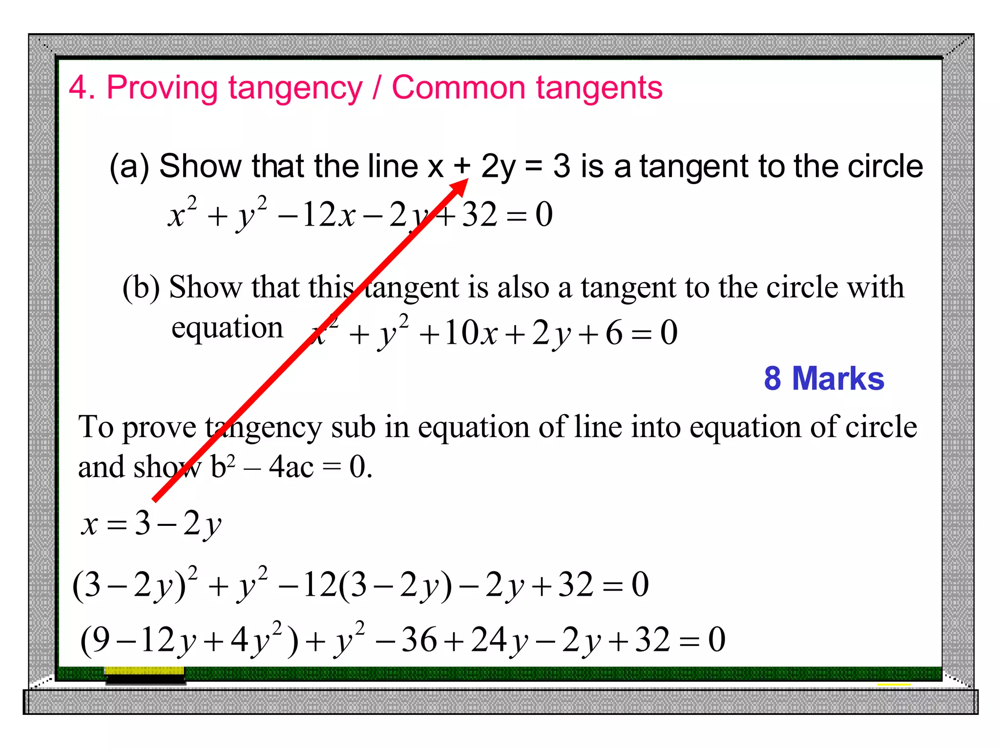 4. Proving tangency / Common tangents 8 Marks Show that the line x + 2y = 3 is a tangent to the circle (b) Show that this tangent is also a tangent to the circle with equation  To prove tangency sub in equation of line into equation of circle and show b 2  – 4ac = 0. 