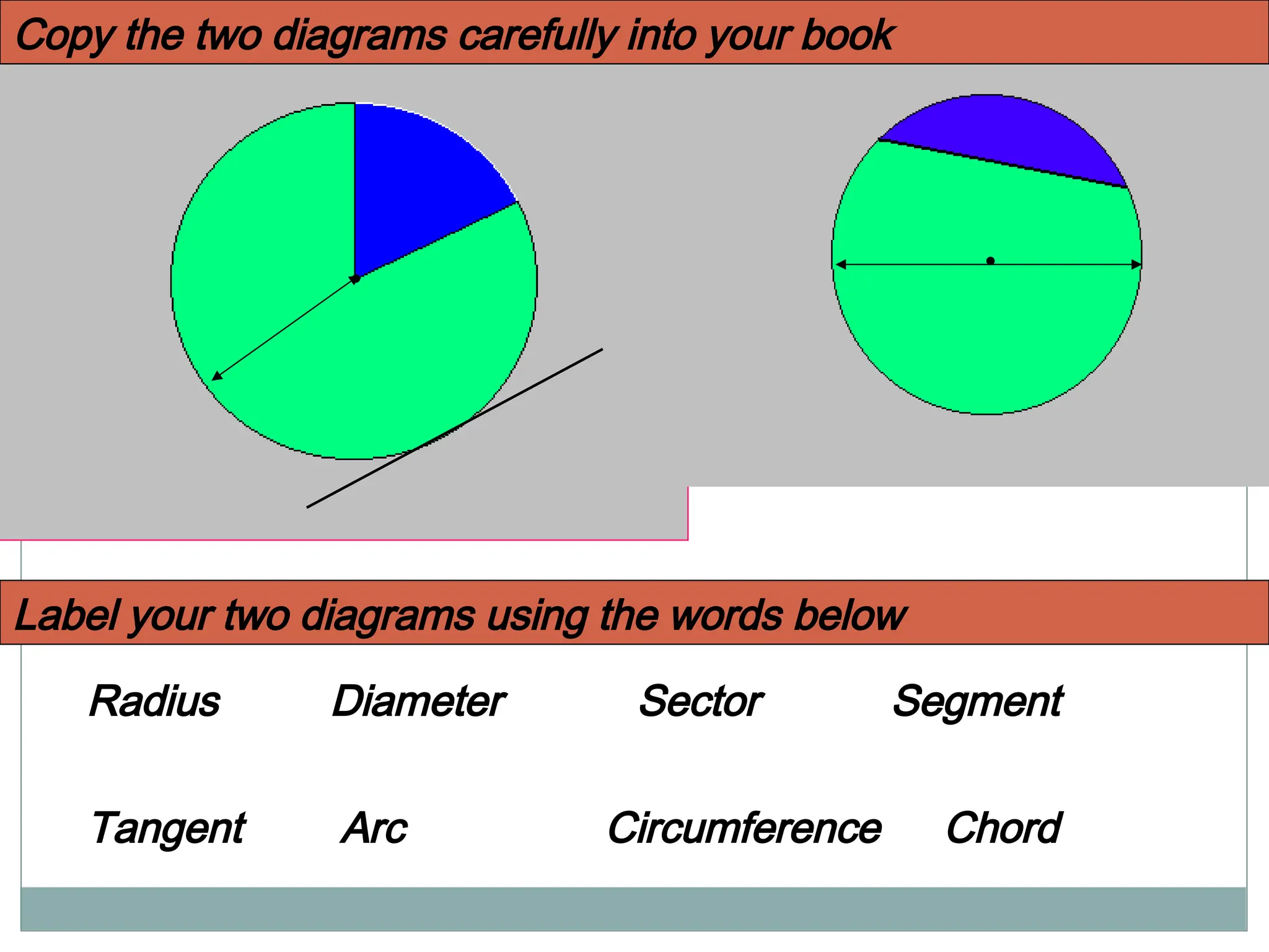 Radius Diameter Sector Segment
Tangent Arc Circumference Chord
Copy the two diagrams carefully into your book
Label your two diagrams using the words below
 