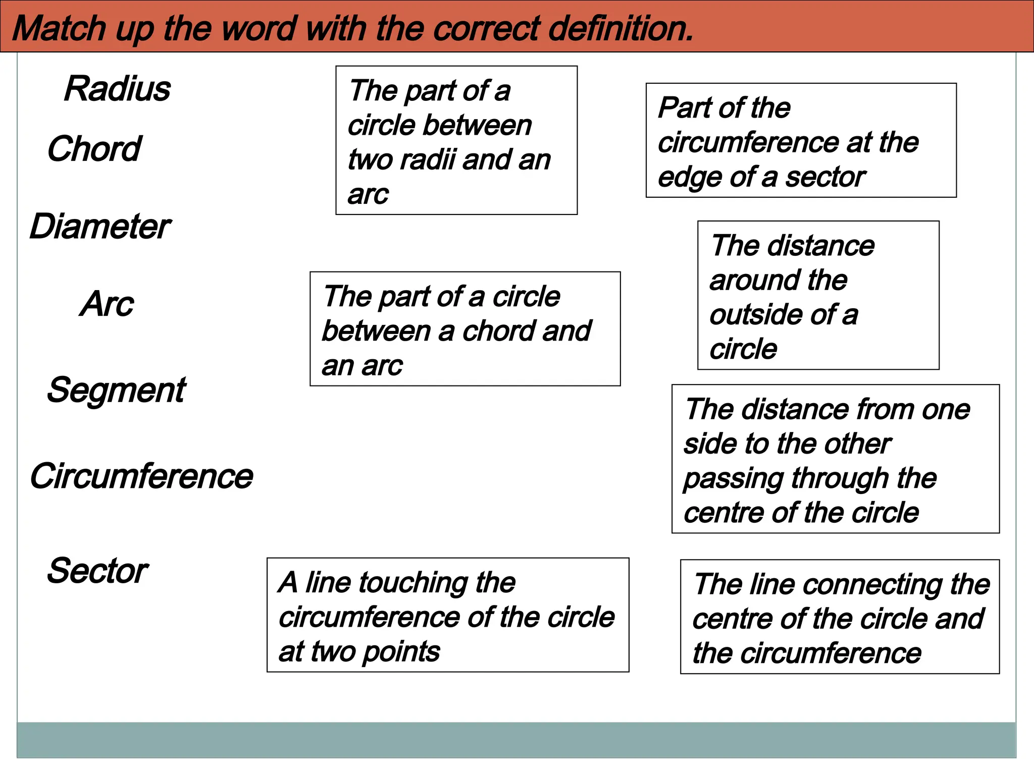 Diameter
Circumference
The distance
around the
outside of a
circle
The distance from one
side to the other
passing through the
centre of the circle
Chord
Radius
Sector
Arc
Part of the
circumference at the
edge of a sector
Segment
The part of a
circle between
two radii and an
arc
The part of a circle
between a chord and
an arc
The line connecting the
centre of the circle and
the circumference
A line touching the
circumference of the circle
at two points
Match up the word with the correct definition.
 