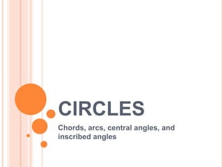CIRCLES
Chords, arcs, central angles, and
inscribed angles
 