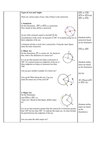 Types of Arcs and Angles
There are various types of arcs. One of those is the semicircle.
1. Semicircle
On the illustration, 𝐴𝐸𝐶
̂ or 𝐶𝐸𝐴
̂ is a semicircle.
Now, based on that, define a semicircle.
An arc with a measure equal to one-half (
1
2
) the
circumference of the circle. Its measure is 180°. It is named using two or
three endpoints of the arc.
A diameter divides a circle into 2 semicircles. Using the same figure,
name the other semicircle.
2. Minor Arc
On the illustration, 𝐴𝐶
̂ is a minor arc. So, based on
that, what is the definition of a minor arc?
It is an arc that measure less than a semicircle or
180°. It is named using two endpoints of the arc or
three endpoints as long as it measures less than
180°.
Can you give another example of a minor arc?
Very good! What about this one. Can you
name the minor arcs of the circle B?
3. Major Arc
On the illustration,
𝑎𝑛𝑑 𝐶𝐷𝐴
̂ 𝑜𝑟 𝐴𝐷𝐶
̂ are
major arcs. Based on that figure, define major
arc.
It is an arc that measures greater than the semicircle. It measures greater
than 180° but less than 360°. To indicate the major arc, we must include
the point between the endpoints of the arc.
Can you name the other major arc?
𝐷𝐴𝐶
̂ 𝑜𝑟 𝐶𝐴𝐷
̂ ,
𝐴𝐶𝐷
̂ 𝑜𝑟 𝐷𝐶𝐴
̂ and
𝐴𝐷𝐶
̂ or 𝐶𝐷𝐴
̂.
(Students define
semicircle based
on the illustration.
𝐶𝐷𝐴
̂ 𝑜𝑟 𝐴𝐷𝐶
̂.
(Students define
minor arc based
on the illustration.
𝐷𝐴 Sir!
𝐴𝐶
̂ , 𝐶𝐷
̂ 𝑎𝑛𝑑 𝐴𝐶𝐷
̂
𝑜𝑟 𝐷𝐶𝐴
̂ Sir!
(Students define
major arc based
on the
illustration.)
 