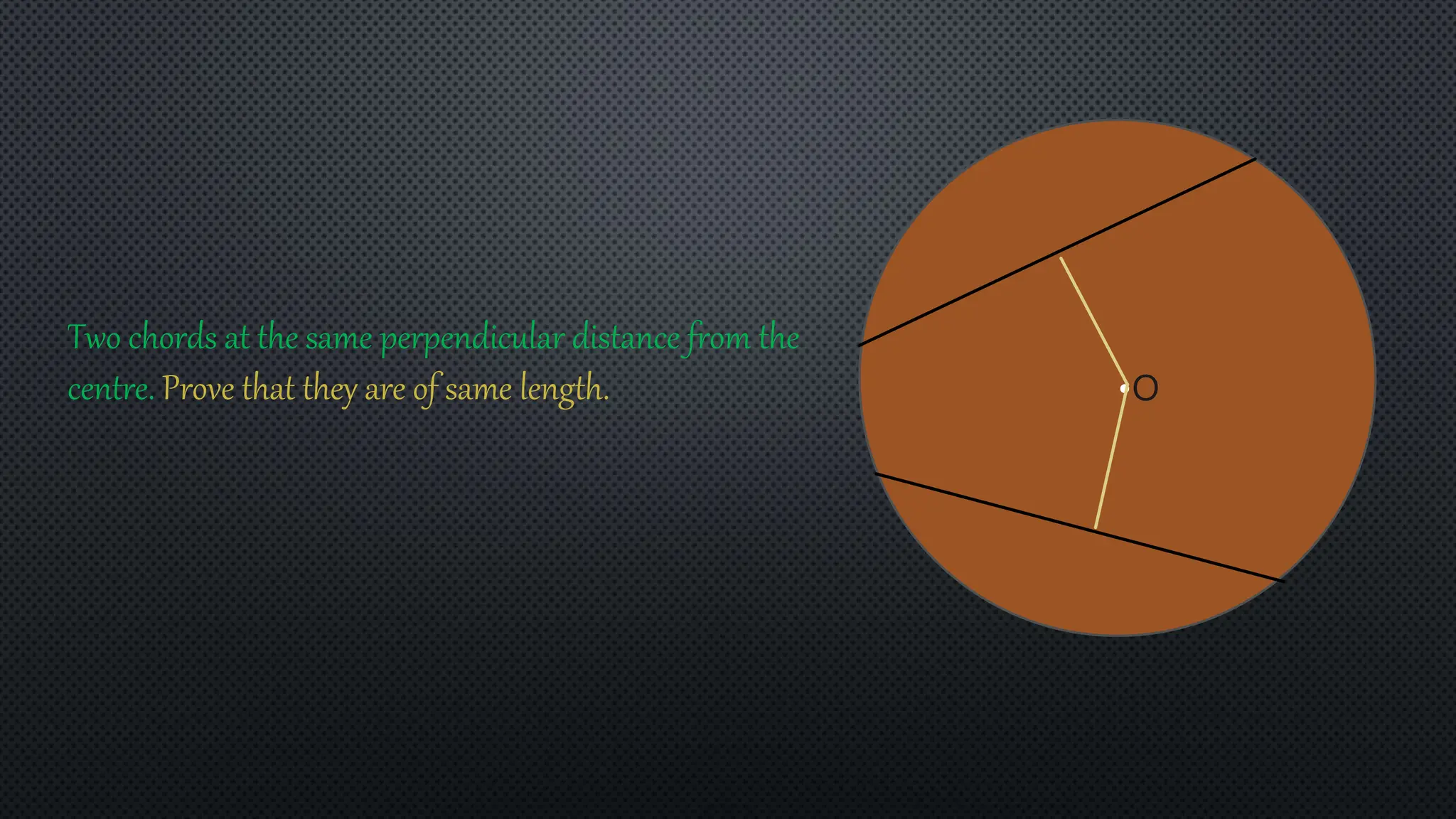 Two chords at the same perpendicular distance from the
centre. Prove that they are of same length. •O
