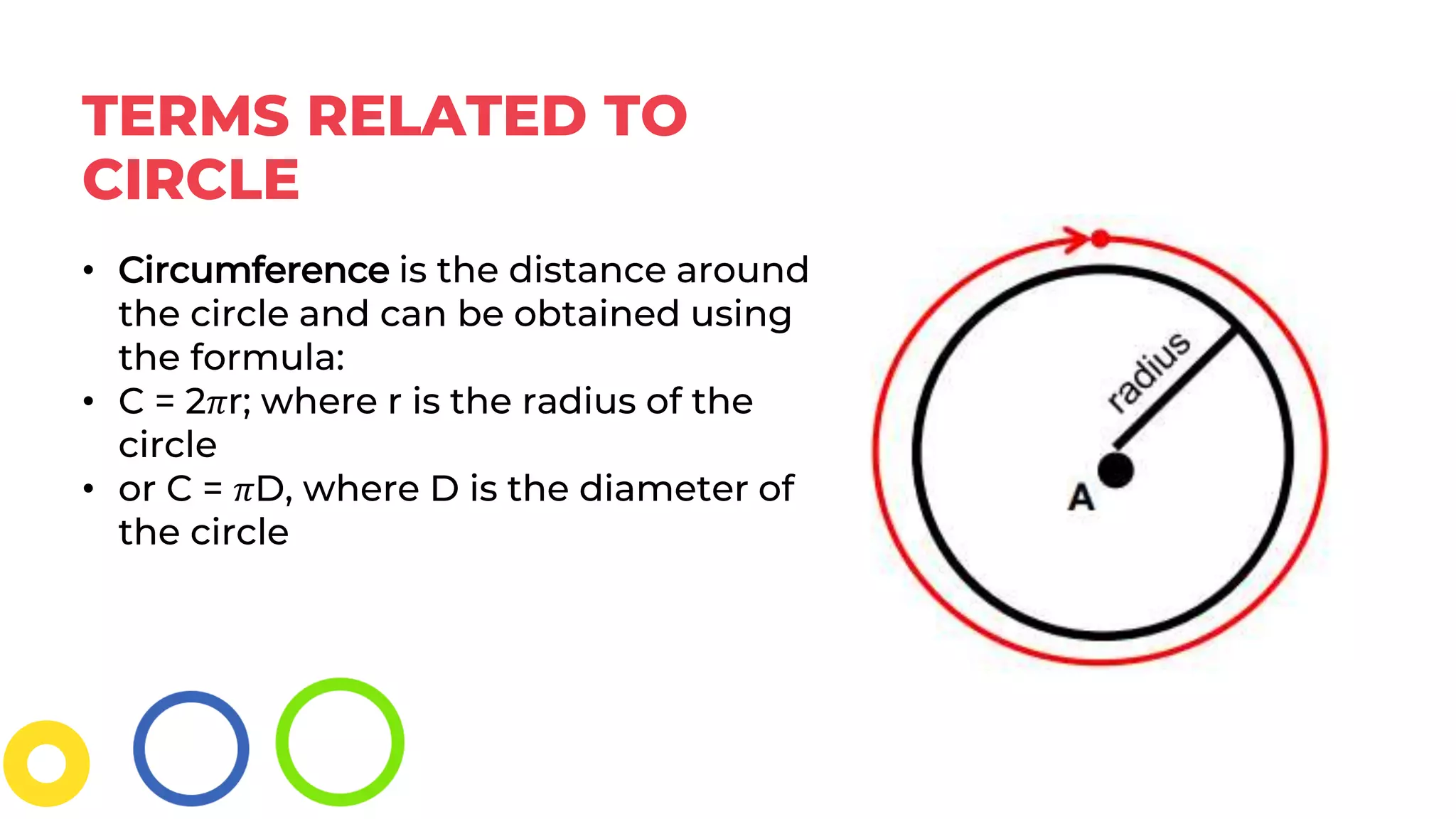 TERMS RELATED TO
CIRCLE
• Circumference is the distance around
the circle and can be obtained using
the formula:
• C = 2𝜋r; where r is the radius of the
circle
• or C = 𝜋D, where D is the diameter of
the circle
 
