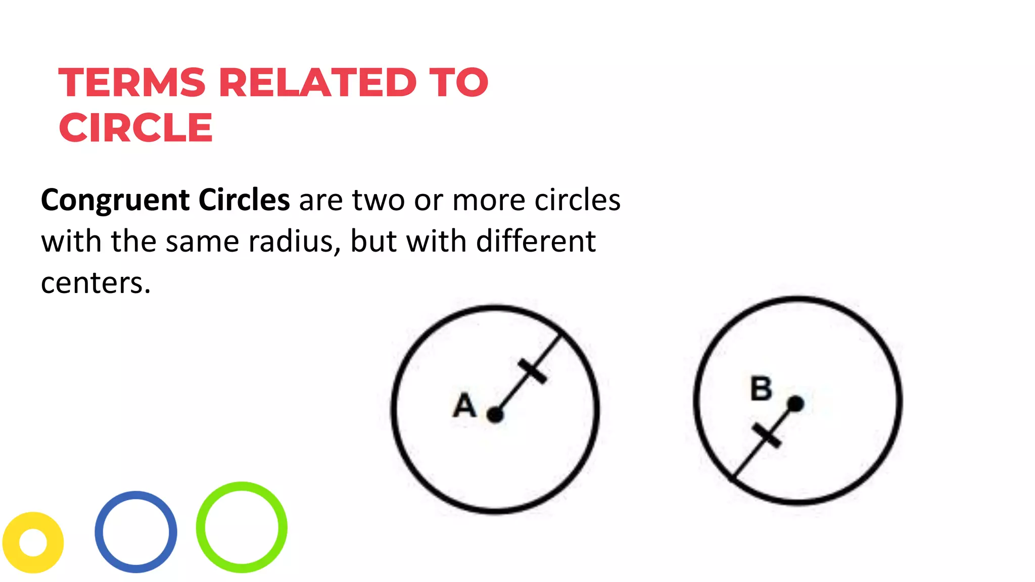 TERMS RELATED TO
CIRCLE
Congruent Circles are two or more circles
with the same radius, but with different
centers.
 