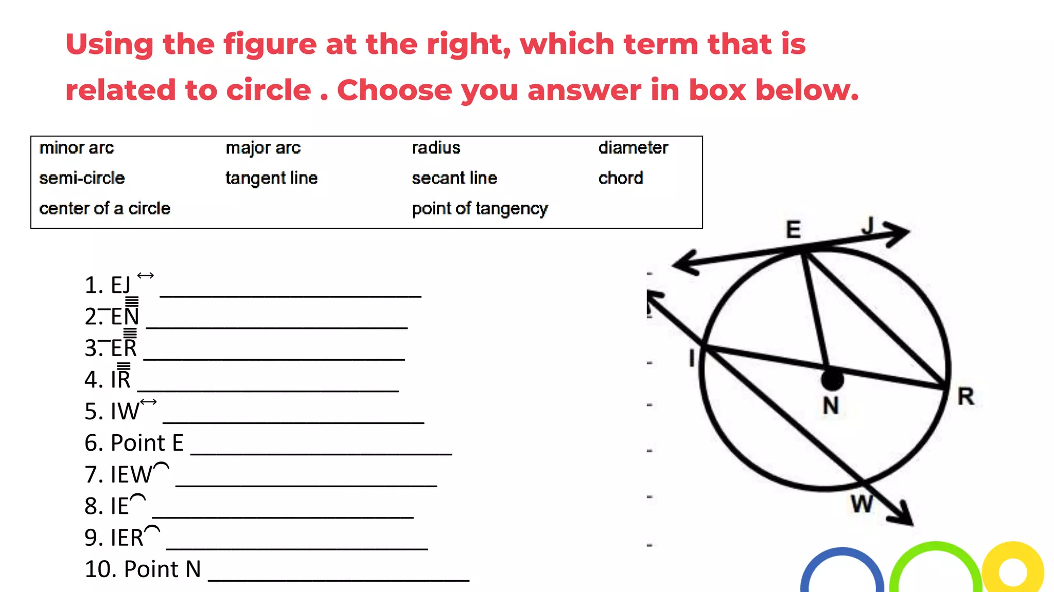 Using the figure at the right, which term that is
related to circle . Choose you answer in box below.
1. EJ ⃡ ____________________
2. ̅̅̅̅EN̅̅̅̅̅̅̅̅̅̅̅̅̅̅̅̅ ____________________
3. ̅̅̅̅ER̅̅̅̅̅̅̅̅̅̅̅̅̅̅̅̅ ____________________
4. IR̅̅̅̅̅̅̅̅̅̅̅̅ ____________________
5. IW⃡ ____________________
6. Point E ____________________
7. IEW⏜ ____________________
8. IE⏜ ____________________
9. IER⏜ ____________________
10. Point N ____________________
 