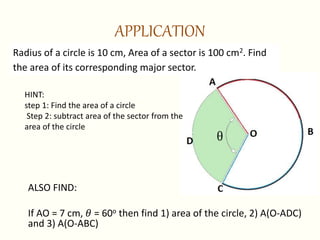 Radius of a circle is 10 cm, Area of a sector is 100 cm2. Find
the area of its corresponding major sector.
APPLICATION
ALSO FIND:
If AO = 7 cm, 𝜃 = 60o then find 1) area of the circle, 2) A(O-ADC)
and 3) A(O-ABC)
HINT:
step 1: Find the area of a circle
Step 2: subtract area of the sector from the
area of the circle
 