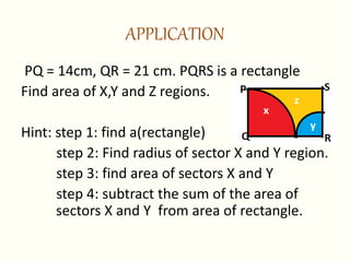 APPLICATION
PQ = 14cm, QR = 21 cm. PQRS is a rectangle
Find area of X,Y and Z regions.
Hint: step 1: find a(rectangle)
step 2: Find radius of sector X and Y region.
step 3: find area of sectors X and Y
step 4: subtract the sum of the area of
sectors X and Y from area of rectangle.
 