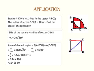 APPLICATION
Square ABCD is inscribed in the sector A-PCQ.
The radius of sector C-BXD is 20 cm. Find the
area of shaded region
Side of the square = radius of sector C-BXD
AC = 20 2cm
Area of shaded region = A(A-PCQ) – A(C-BXD)
=
90
360
x 𝜋(20 2)2 -
90
360
x 𝜋(20)2
=
1
4
x 3-14 x 400 (2-1)
= 3.14 x 100
=314 sq cm
 