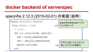 docker backend of serverspec
specinfra 2.12.3 (2015-02-01) の実装（抜粋）
module Specinfra::Backend
class Docker < Exec
# (snip)
def run_command(cmd, opts={})
cmd = build_command(cmd)
cmd = add_pre_command(cmd)
docker_run!(cmd)
end
specinfraのdockerバック
エンドのコード
テストに応じてコンテナに
対してコマンドを実行
 