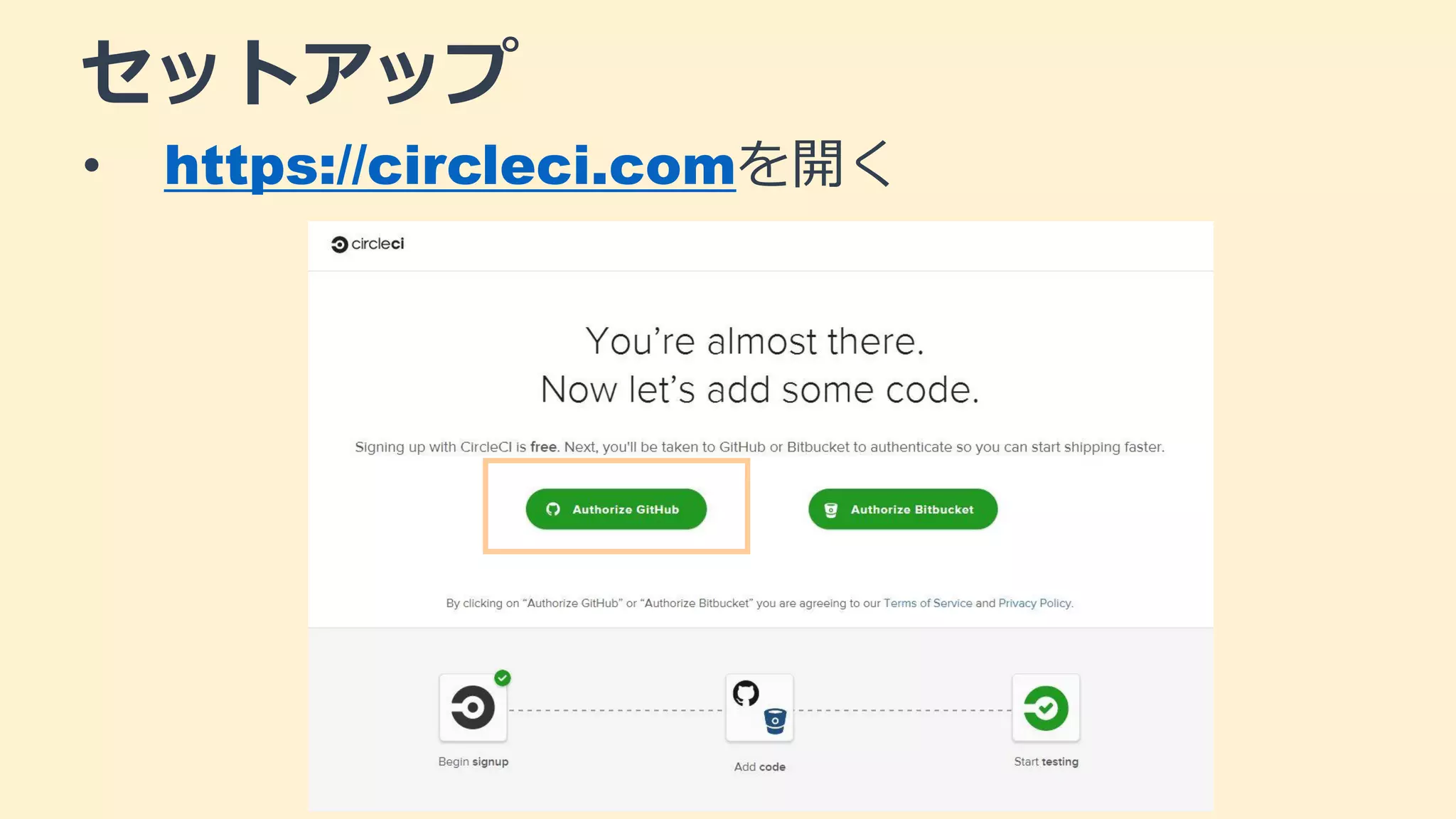 セットアップ
• https://circleci.comを開く
 