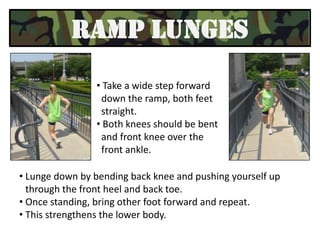 Be sure to use your arms, keeping them low. TRICEP DIPS Place hands behind you on a ledge, keeping elbows back (as opposed     to out to the side), palms facing back.  Bend at the elbows to lower your body. Exhale and push yourself back    up, extending the elbows by contracting the back of your arms.  The further out your feet are, the more difficult it will be to    push yourself up. To add more intensity, lift one leg.   This is a good strengthening exercise for your triceps (the back of the arm).Mountain climbersPlace hands on the ground or elevated on a couple of stairs. 