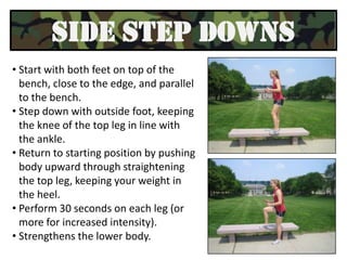 This exercise strengthens the lower body. RAMP LUNGES Take a wide step forwarddown the ramp, both feetstraight. Both knees should be bentand front knee over thefront ankle.Lunge down by bending back knee and pushing yourself up through the front heel and back toe. 