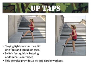 This will get increaseheart rate for a short burst of cardio. STRAIGHT AWAY SPRINTSFind a flat, straight surface for short distance sprints. 