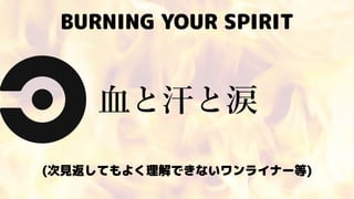 BURNING YOUR SPIRIT
⾎と汗と涙
(次見返してもよく理解できないワンライナー等)
 