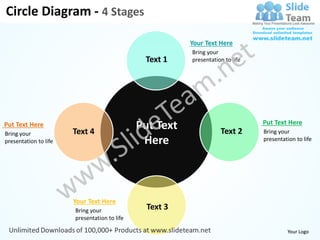 Circle Diagram - 4 Stages

                                                         Your Text Here
                                                         Bring your
                                               Text 1    presentation to life




                                                                                Put Text Here
Put Text Here
                       Text 4
                                              Put Text              Text 2      Bring your
Bring your
presentation to life                           Here                             presentation to life




                       Your Text Here
                       Bring your               Text 3
                       presentation to life

                                                                                         Your Logo
 