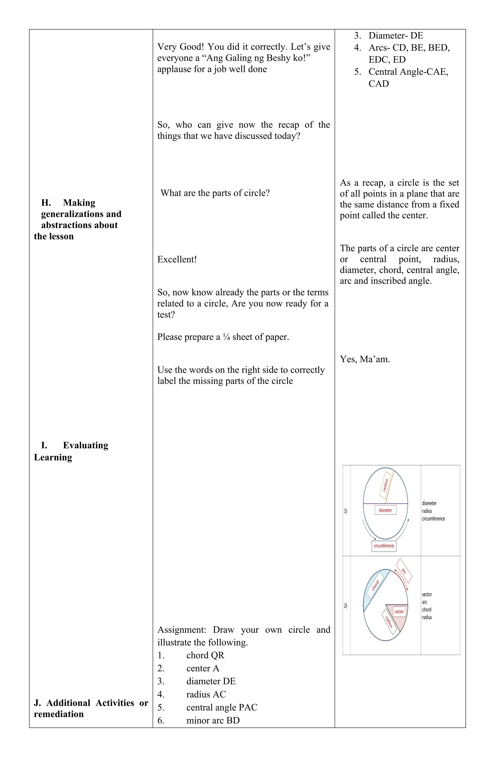 CIRCLE Detailed lesson plan about parts of a circle | DOCX
