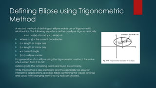 Defining Ellipse using Trigonometric
Method
A second method of defining an ellipse makes use of trigonometric
relationships. The following equations define an ellipse trigonometrically:
x = a cos(ɵ) + h and y = b sin(ɵ) + k
 where (x, y) = the current coordinates
 a = length of major axis
 b = length of minor axis
 ɵ = current angle
 (h,k) = ellipse center
For generation of an ellipse using the trigonometric method, the value
of ɵ is varied from 0 to n/2
radians (rad). The remaining points are found by symmetry.
While this method is also inefficient and thus generally too slow for
interactive applications, a lookup table containing the values for sin(ɵ)
and cos(ɵ) with ɵ ranging from 0 to n/2 rad can be used.
 