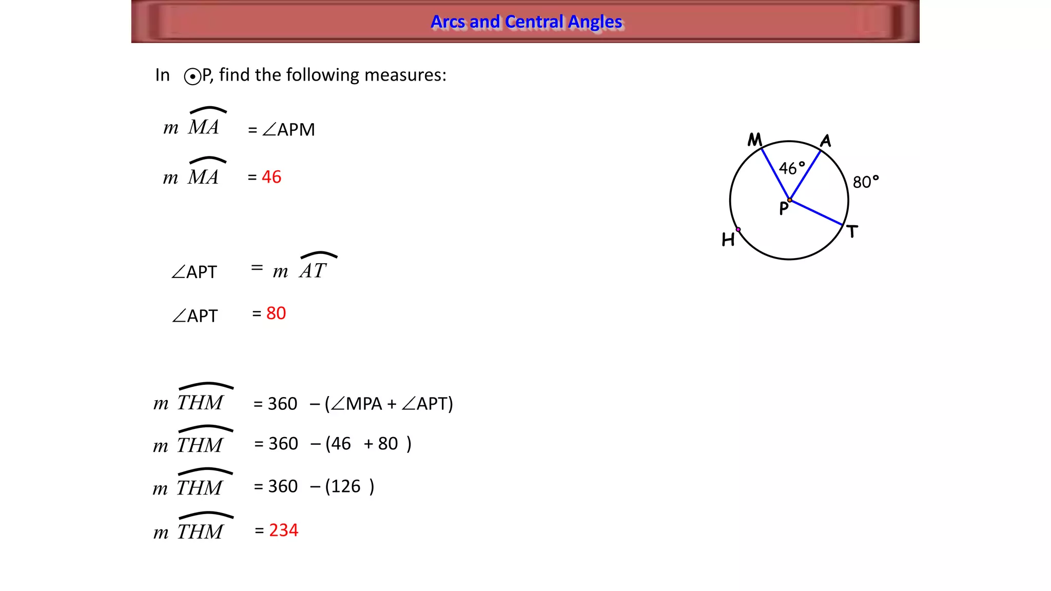 Arcs and Central Angles
In P, find the following measures:
P
H
AM
T
46°
80°
MAm = APM
MAm = 46
ATmAPT
THMm = 360 – ( MPA + APT)
APT = 80
THMm = 360 – (46 + 80 )
THMm = 360 – (126 )
THMm = 234
 