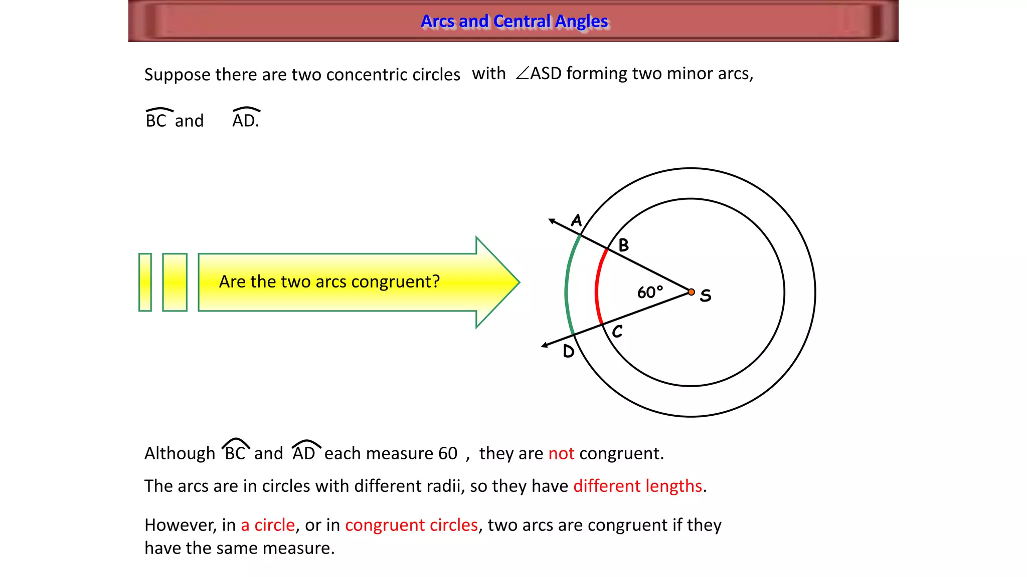 Arcs and Central Angles
B
Suppose there are two concentric circles
S60°
C
A
D
with ASD forming two minor arcs,
BC and AD.
Are the two arcs congruent?
The arcs are in circles with different radii, so they have different lengths.
However, in a circle, or in congruent circles, two arcs are congruent if they
have the same measure.
Although BC and AD each measure 60 , they are not congruent.
 