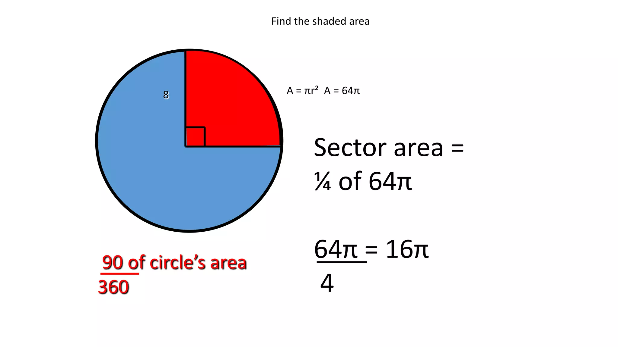 Find the shaded area
8 A = πr² A = 64π
Sector area =
¼ of 64π
64π = 16π
4
90 of circle’s area
360
 