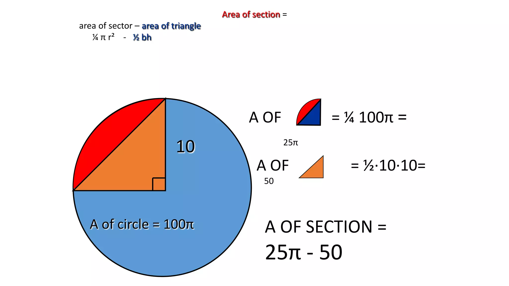 Area of section =
area of sector – area of triangle
¼ π r² - ½ bh
10
A OF = ½∙10∙10=
50
A OF SECTION =
25π - 50
A of circle = 100π
A OF = ¼ 100π =
25π
 
