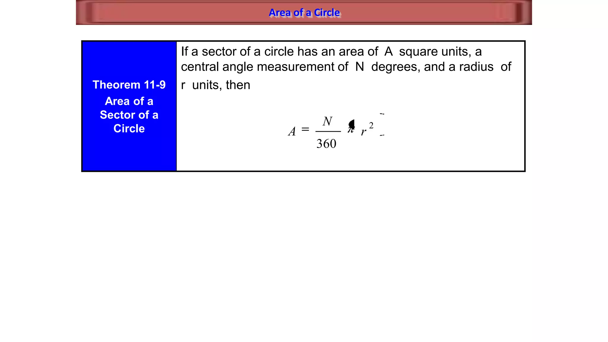 Area of a Circle
Theorem 11-9
Area of a
Sector of a
Circle
If a sector of a circle has an area of A square units, a
central angle measurement of N degrees, and a radius of
r units, then
2
360
r
N
A
 