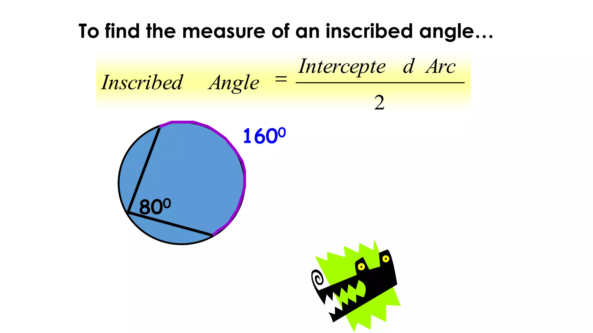 2
ArcdIntercepte
AngleInscribed
1600
800
To find the measure of an inscribed angle…
 