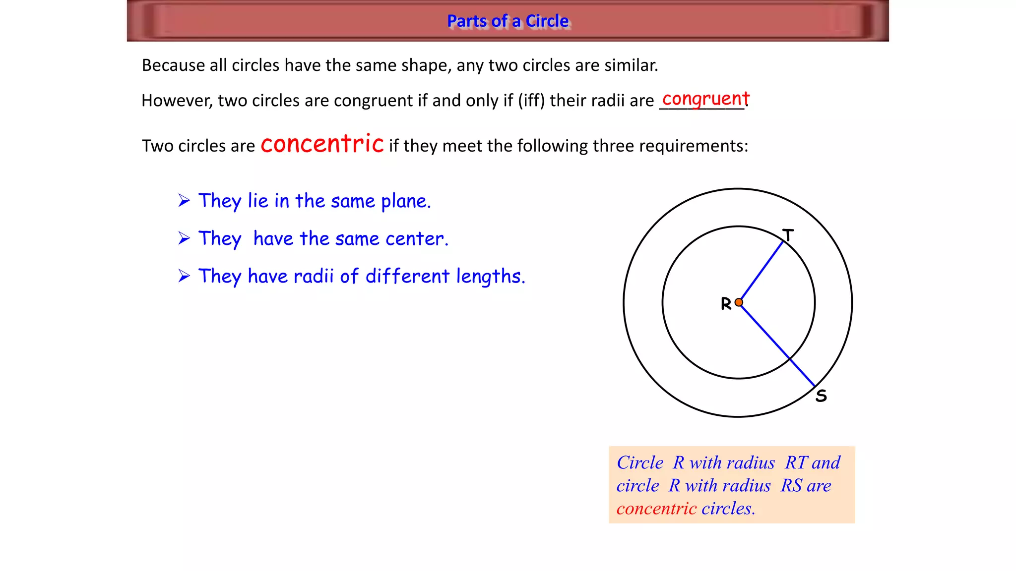 S
Parts of a Circle
Because all circles have the same shape, any two circles are similar.
However, two circles are congruent if and only if (iff) their radii are _________.congruent
Two circles are concentric if they meet the following three requirements:
Circle R with radius RT and
circle R with radius RS are
concentric circles.
 They lie in the same plane.
 They have the same center.
 They have radii of different lengths.
R
T
 