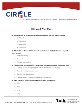 2008 Youth Vote Quiz

1. How many 18- to 29-year-olds were eligible to vote in the 2008 general election?
        a. 20 million

        b. 44 million

        c. 68 million

        d. 77 million

2. Which of these three Get-Out-The-Vote tactics leads to the highest increase in youth
voter turnout?
   a. Peer canvassing

   b. Robocalls

   c. Non-partisan leaflets

3. Which of these state policies/laws, on average, increases youth voter turnout the most?
   a. Getting mailed your polling site information before the election

   b. Extended polling location hours

   c. Election Day Registration

   d. Getting mailed a sample ballot before the election

4. What percent of young voters voted by mail in the 2008 Election?
   a.   2%

   b. 24%

   c. 56%

   d. 14%
 