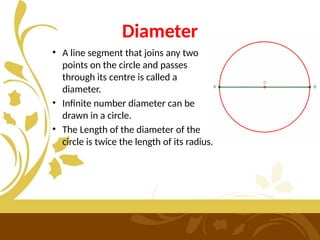 Diameter
• A line segment that joins any two
points on the circle and passes
through its centre is called a
diameter.
• Infinite number diameter can be
drawn in a circle.
• The Length of the diameter of the
circle is twice the length of its radius.
 