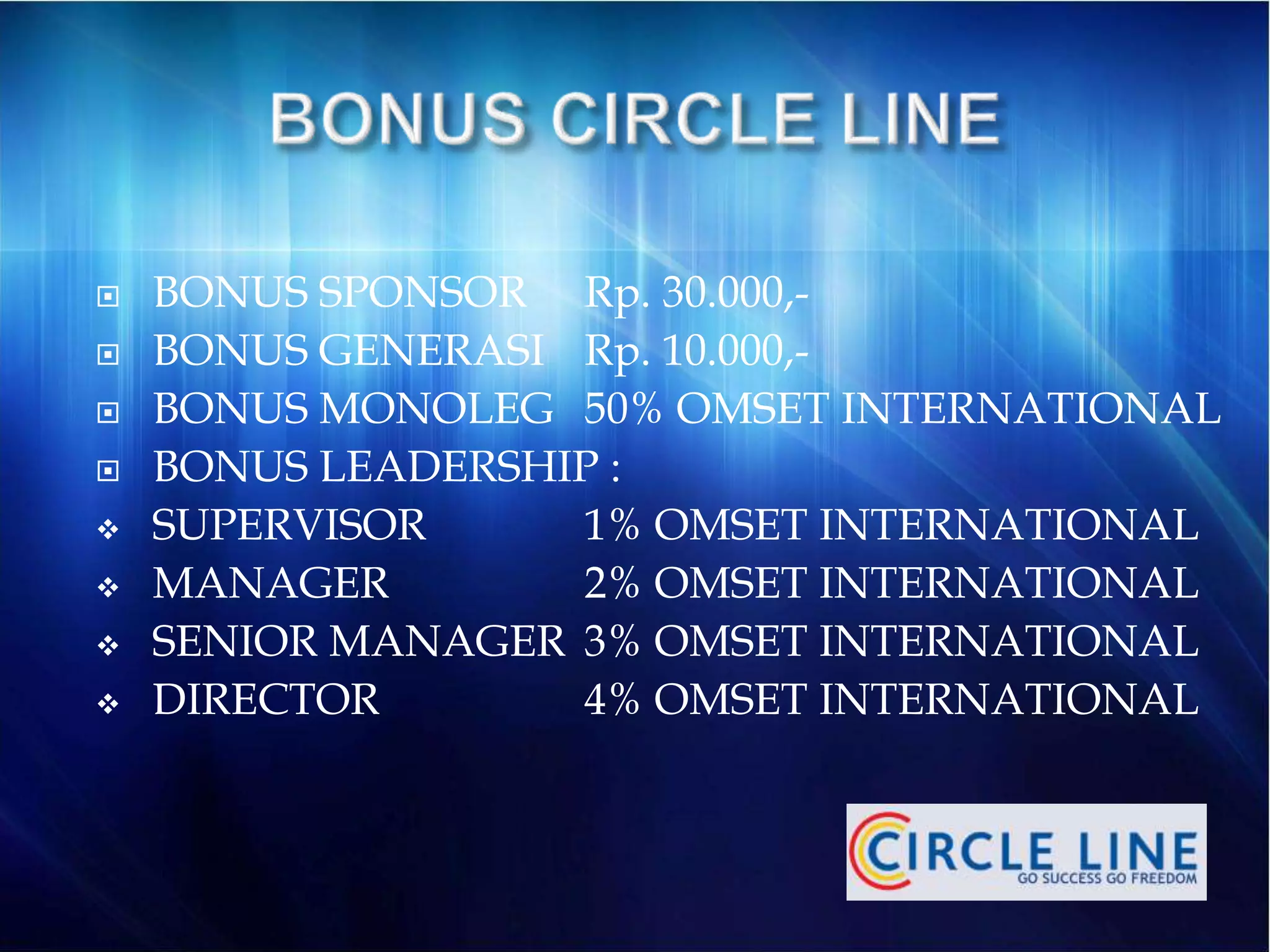  BONUS SPONSOR Rp. 30.000,-
 BONUS GENERASI Rp. 10.000,-
 BONUS MONOLEG 50% OMSET INTERNATIONAL
 BONUS LEADERSHIP :
 SUPERVISOR 1% OMSET INTERNATIONAL
 MANAGER 2% OMSET INTERNATIONAL
 SENIOR MANAGER 3% OMSET INTERNATIONAL
 DIRECTOR 4% OMSET INTERNATIONAL
 