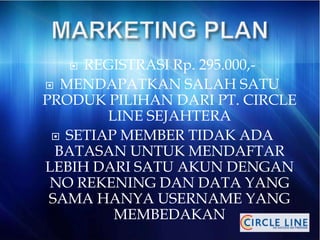  REGISTRASI Rp. 295.000,-
 MENDAPATKAN SALAH SATU
PRODUK PILIHAN DARI PT. CIRCLE
LINE SEJAHTERA
 SETIAP MEMBER TIDAK ADA
BATASAN UNTUK MENDAFTAR
LEBIH DARI SATU AKUN DENGAN
NO REKENING DAN DATA YANG
SAMA HANYA USERNAME YANG
MEMBEDAKAN
 