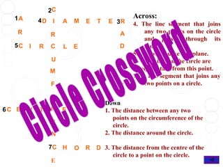 2C
1A

4D I

R

R

5C

I

R

C

A

M

E

T

E 3R
A

L

D

E

U

I

M

U

F

S

E
6C E

N

T

R
E
N

E

4. The line segment that joins
any two points on the circle
and passes through its
centre.
5. A closed curve in a plane.
6. All points on the circle are
equidistant from this point.
7. A line segment that joins any
two points on a circle.

Down
1. The distance between any two
points on the circumference of the
circle.
2. The distance around the circle.

E

7C H

Across:

O

R

D 3. The distance from the centre of the
circle to a point on the circle.

 