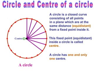 A circle is a closed curve
consisting of all points
in a plane which are at the
same distance (equidistant)
from a fixed point inside it.
Centre O

This fixed point (equidistant)
inside a circle is called
centre.
A circle has one and only
one centre.

A circle

 