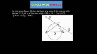 CIRCLE PYQs Class 10
In the given figure PQ is a tangent at a point C to a circle with
centre O. If AB is a diameter and ∠CAB = 30°. Find ∠PCA.
[CBSE 2016] [1 Mark]
 