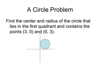 A Circle Problem Find the center and radius of the circle that lies in the first quadrant and contains the points (3, 0) and (0, 3). 