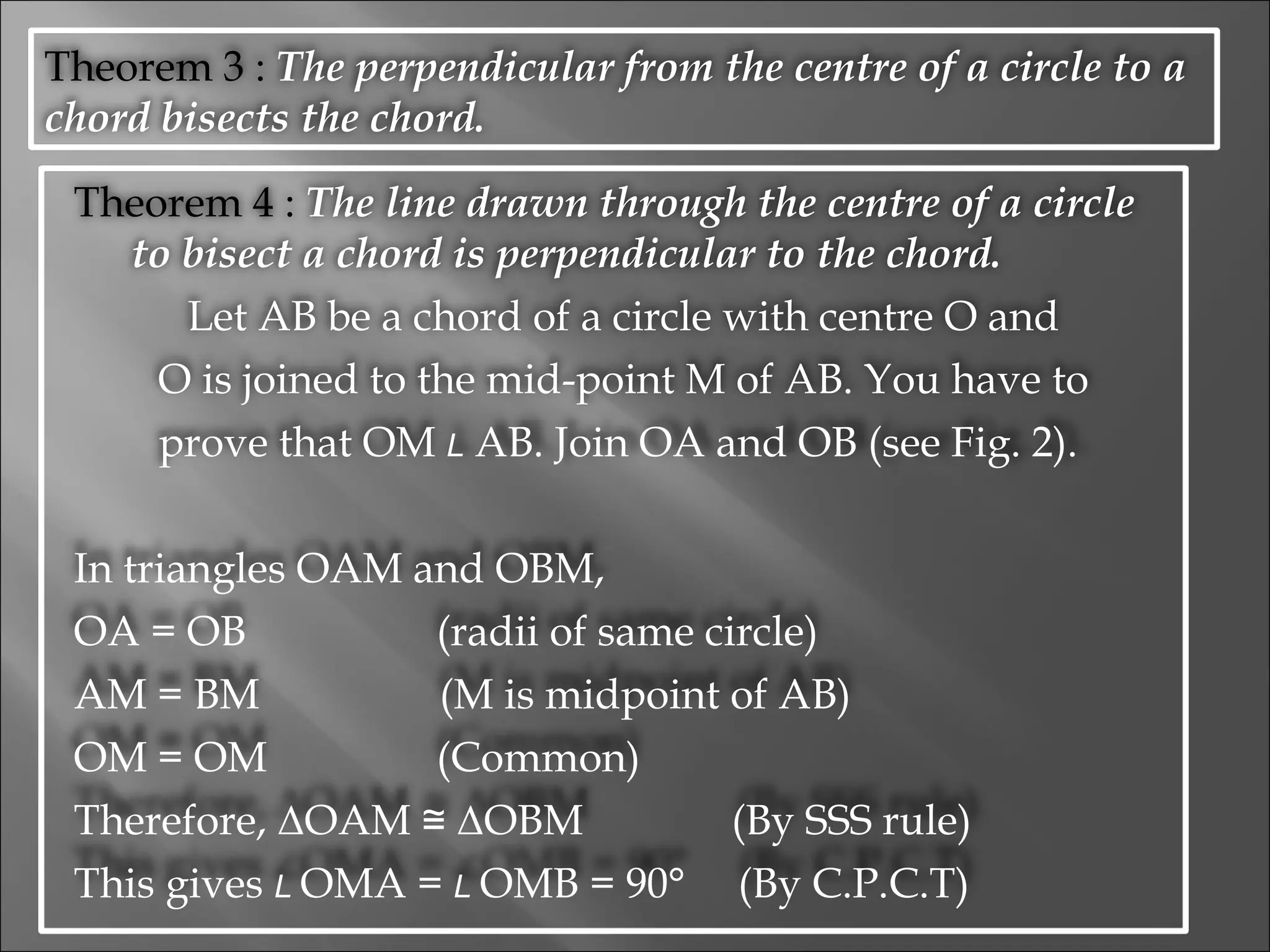 Theorem 4 :  The line drawn through the centre of a circle to bisect a chord is perpendicular to the chord. Let AB be a chord of a circle with centre O and O is joined to the mid-point M of AB. You have to prove that OM  L  AB. Join OA and OB (see Fig. 2).  In triangles OAM and OBM, OA = OB  (radii of same circle) AM = BM  (M is midpoint of AB) OM = OM  (Common) Therefore,  Δ OAM ≅  Δ OBM  (By SSS rule) This gives  L   OMA =  L   OMB = 90°  (By C.P.C.T) Theorem 3 :  The perpendicular from the centre of a circle to a chord bisects the chord. 