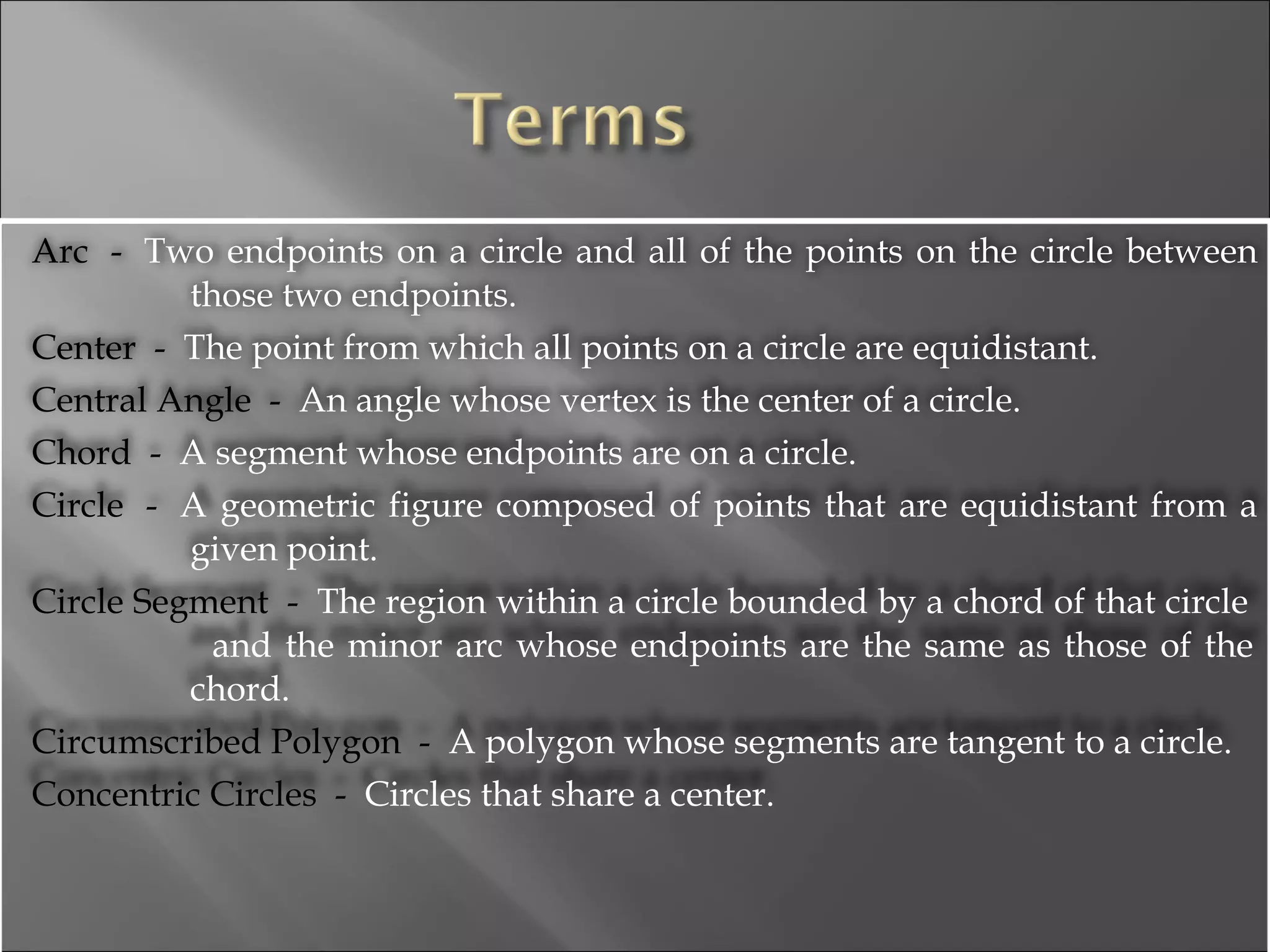 Arc  -   Two endpoints on a circle and all of the points on the circle between those two endpoints.  Center  -   The point from which all points on a circle are equidistant.  Central Angle  -   An angle whose vertex is the center of a circle.  Chord  -   A segment whose endpoints are on a circle.  Circle  -   A geometric figure composed of points that are equidistant from a given point.  Circle Segment  -   The region within a circle bounded by a chord of that circle  and the minor arc whose endpoints are the same as those of the chord.  Circumscribed Polygon  -   A polygon whose segments are tangent to a circle.  Concentric Circles  -   Circles that share a center.  