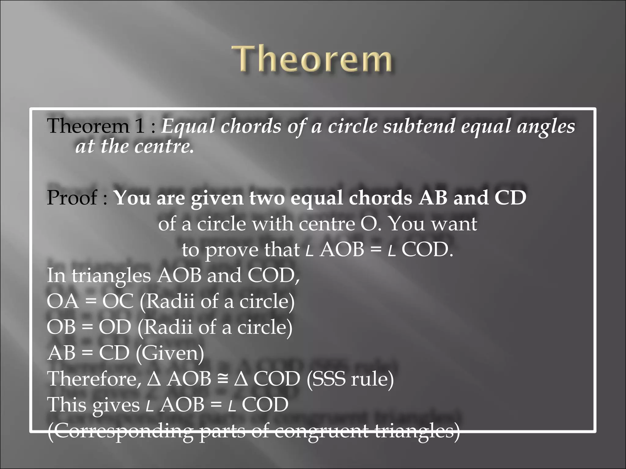 Theorem 1 :  Equal chords of a circle subtend equal angles at the centre. Proof :  You are given two equal chords AB and CD of a circle with centre O. You want to prove that  L  AOB =  L  COD. In triangles AOB and COD, OA = OC (Radii of a circle) OB = OD (Radii of a circle) AB = CD (Given) Therefore, Δ AOB ≅ Δ COD (SSS rule) This gives  L  AOB =  L  COD (Corresponding parts of congruent triangles) 