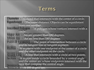 Diameter  -   A chord that intersects with the center of a circle.  Equidistant  -   The same distance. Objects can be equidistant from one another.  Inscribed Polygon  -   A polygon whose vertices intersect with a circle.  Major Arc  -   An arc greater than 180 degrees.  Minor Arc  -   An arc less than 180 degrees.  Point of Tangency  -   The point of intersection between a circle and its tangent line or tangent segment.  Radius  -   A segment with one endpoint at the center of a circle and the other endpoint on the circle.  Secant Line  -   A line that intersects with a circle at two points.  Sectors  -   A region inside a circle bounded by a central angle and the minor arc whose endpoints intersect with the rays that compose the central angle.  Semicircle  -   A 180 degree arc.  