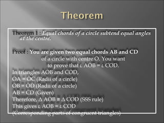 Theorem 1 :  Equal chords of a circle subtend equal angles at the centre. Proof :  You are given two equal chords AB and CD of a circle with centre O. You want to prove that  L  AOB =  L  COD. In triangles AOB and COD, OA = OC (Radii of a circle) OB = OD (Radii of a circle) AB = CD (Given) Therefore, Δ AOB ≅ Δ COD (SSS rule) This gives  L  AOB =  L  COD (Corresponding parts of congruent triangles) 