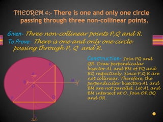 Given- Three non-collinear points P,Q and R.
To Prove- There is one and only one circle
passing through P, Q and R.
Construction- Join PQ and
QR. Draw perpendicular
bisector AL and BM of PQ and
RQ respectively. Since P,Q,R are
not collinear. Therefore, the
perpendicular bisectors AL and
BM are not parallel. Let AL and
BM intersect at O. Join OP,OQ
and OR.
R
A
B M
QP
L
O
 